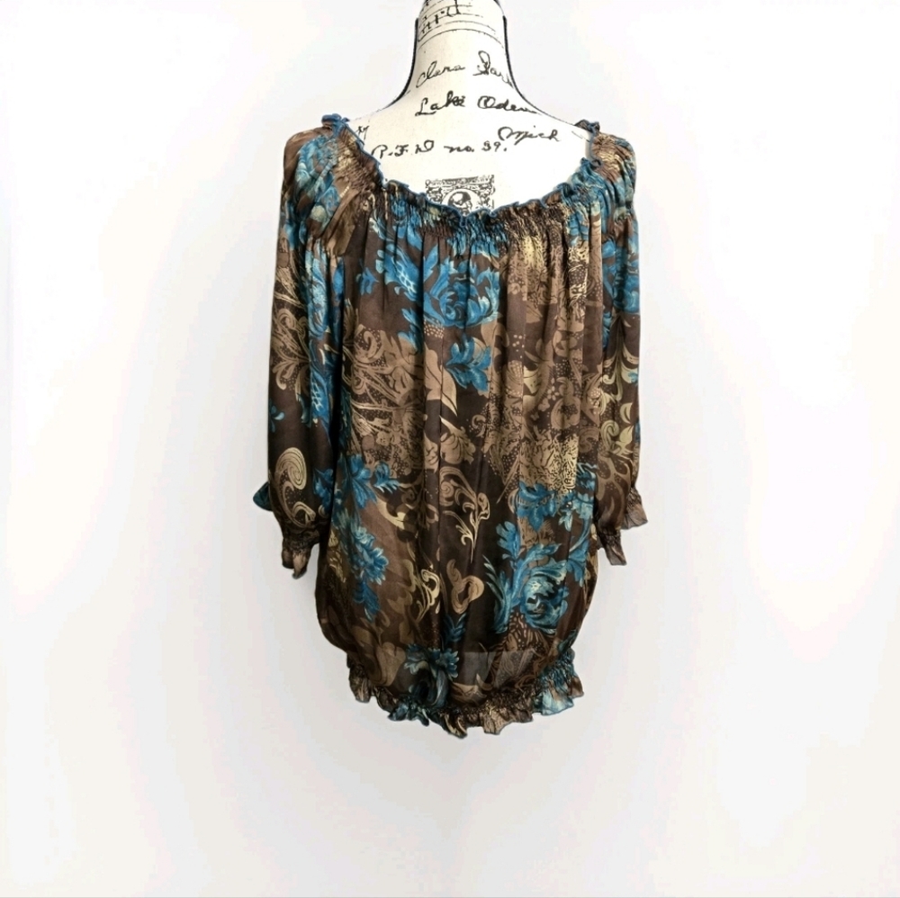 Dressbarn Satin Floral Blouse Brown Blue Paisley Cottagecore 3/4‎ Sleeve Sz 1X - Picture 2 of 11
